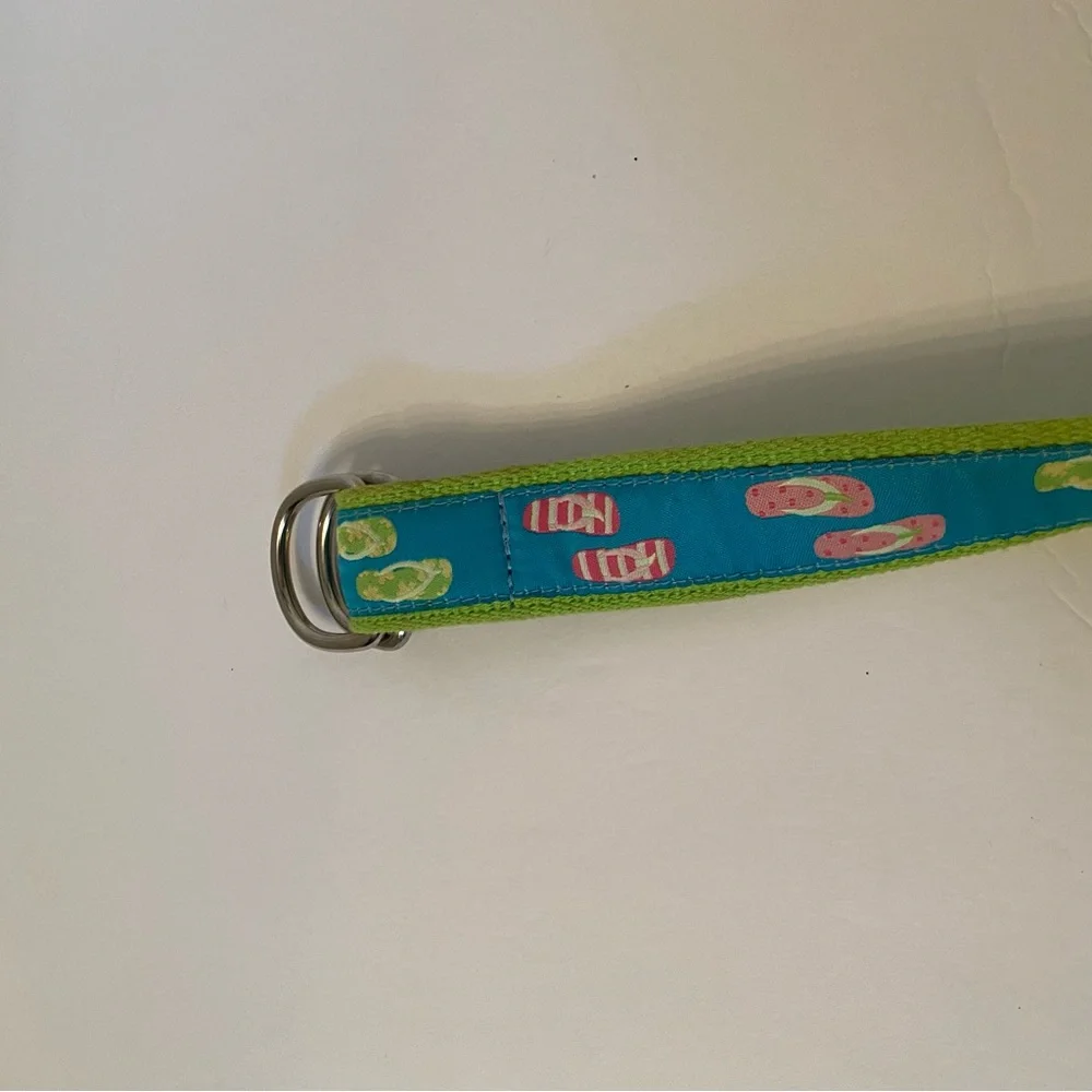 DOUGLAS PAQUETTE BELT GREEN CANVAS WEBBING BLUE FLIP FLOP RIBBON SIZE L USA